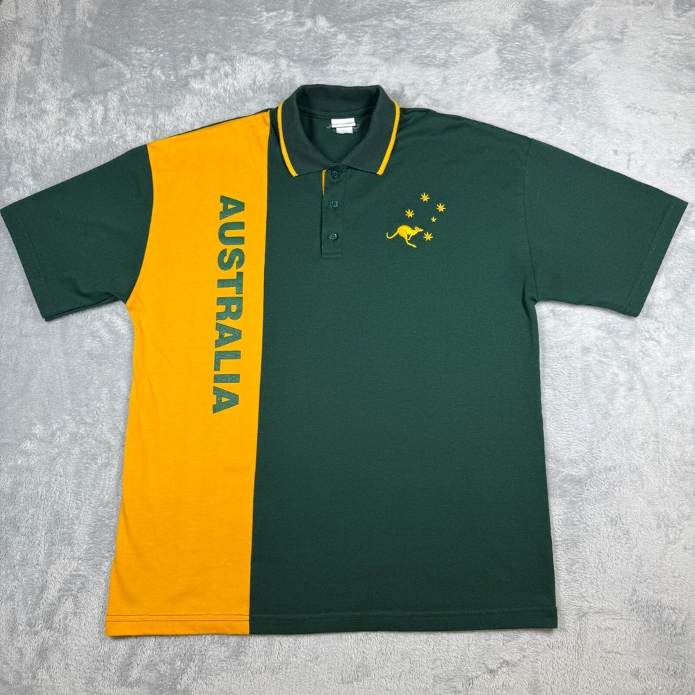 Vintage Australian  Made Polo Shirt Men L Green Gold Kangaroo Stars Flag Olympic